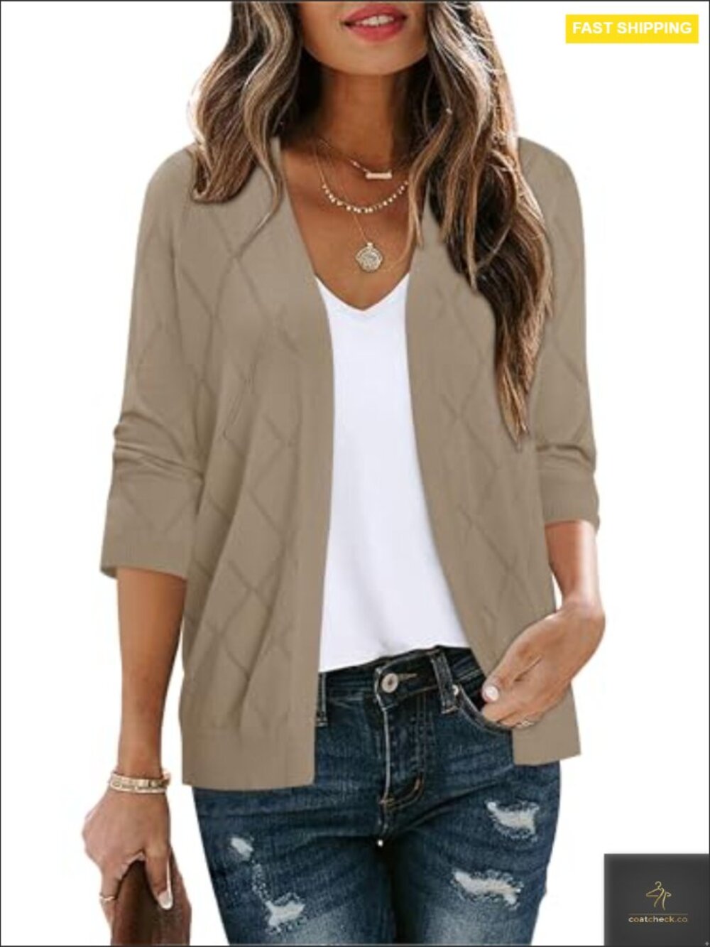 Lightweight 3/4 Sleeve Knit Cardigan Open Front V Neck Casual Sweater Cover Up - Picture 2 of 7